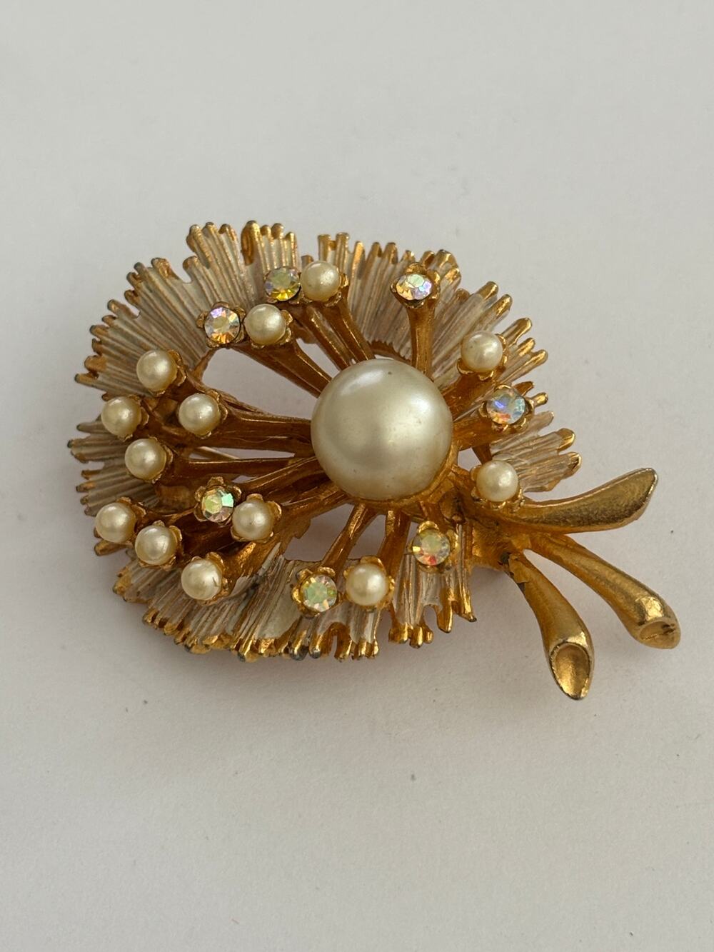 Vintage BSK Brooch Faux AB Crystals Pearls Gold Tone